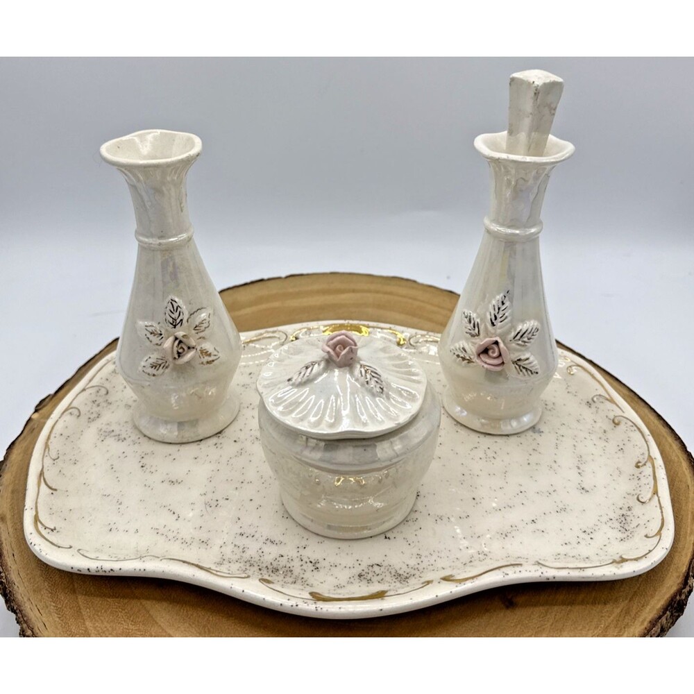 Vintage Nasco Japan Vanity Set Iridescent & Roses Gold Trim Holland Mold Tray
